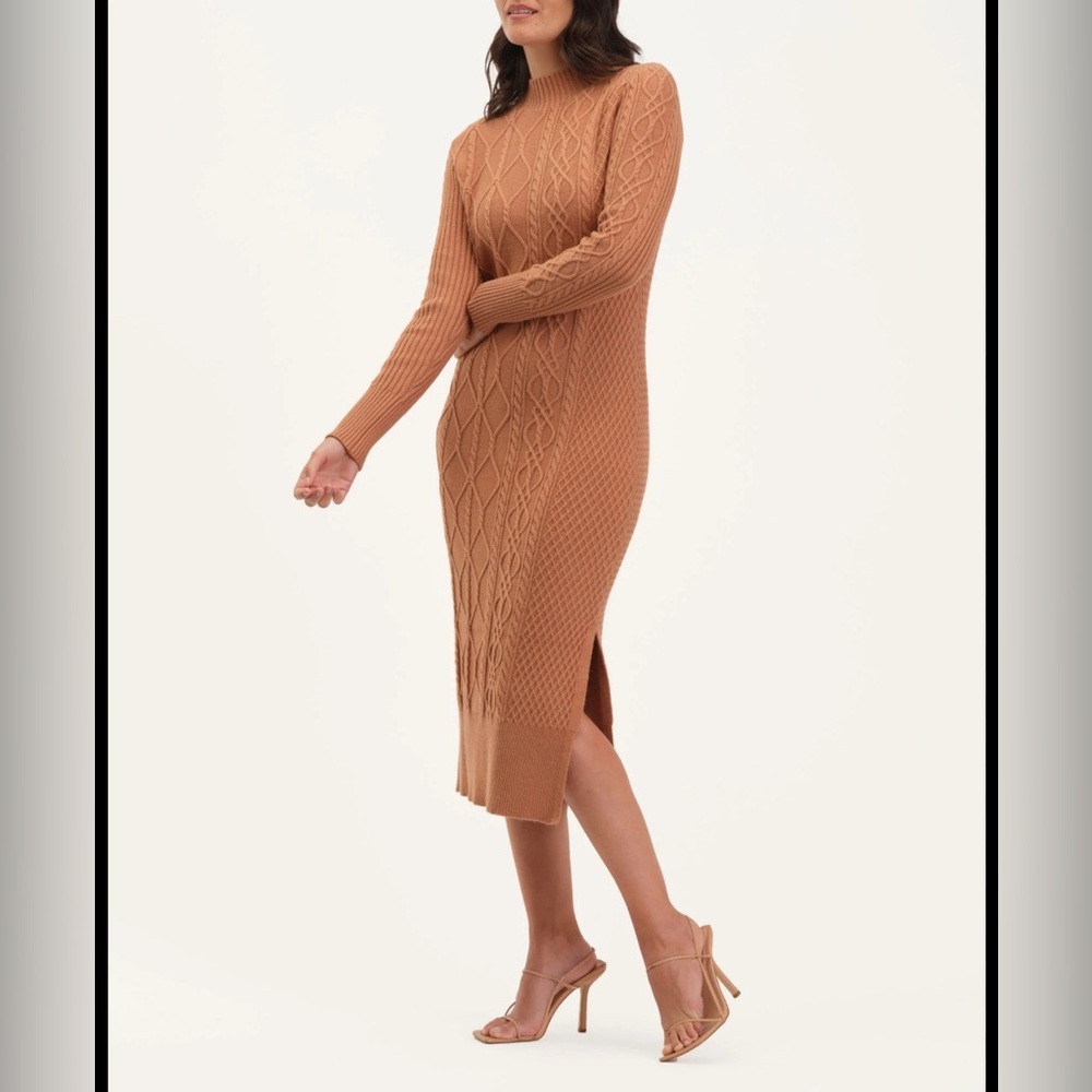 Tahari Long Sleeve Tan Knit Dress